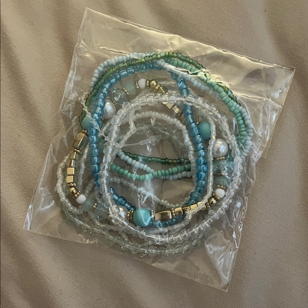 Beaded Bracelet Set - Blue, Green, and Gold
